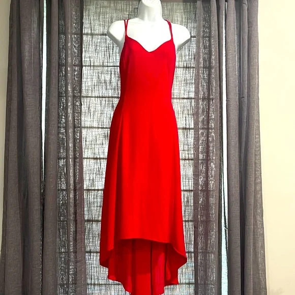 Lush | Dresses | Stunning Red Dress Flowy Georgette Asymmetrical Hemline Xs  | Poshmark